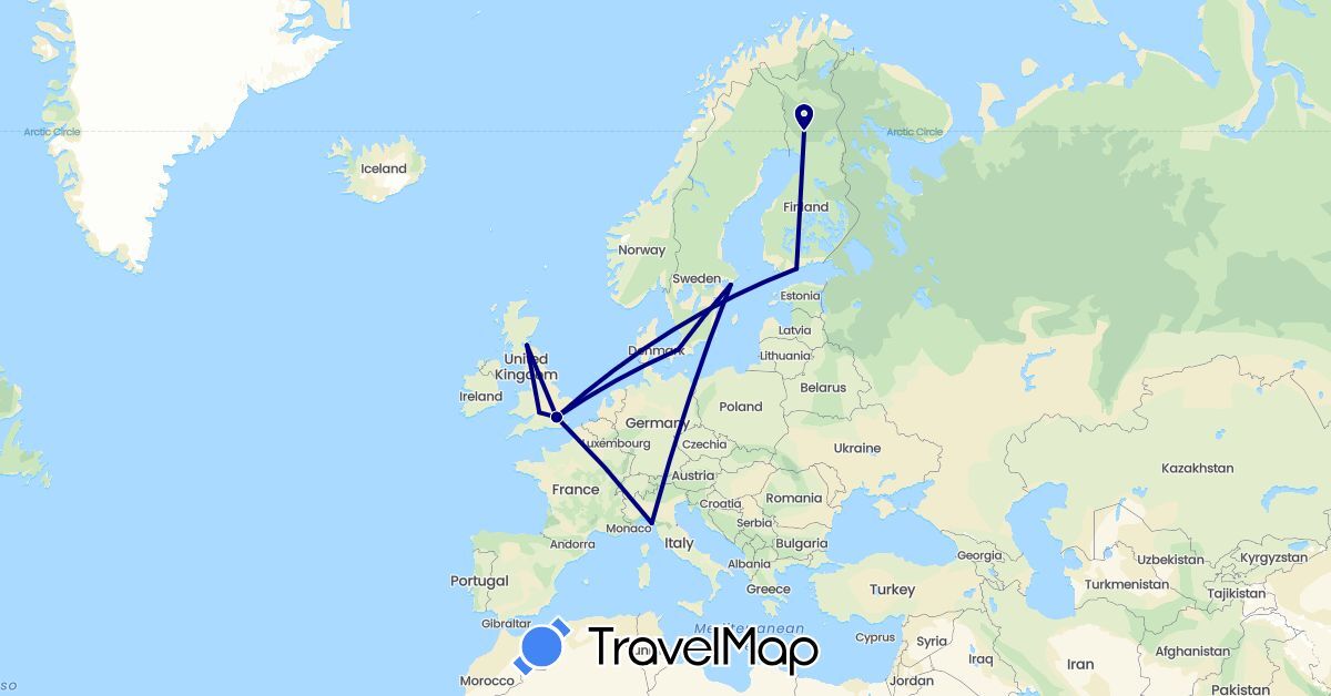 TravelMap itinerary: driving in Denmark, Finland, United Kingdom, Italy, Sweden (Europe)